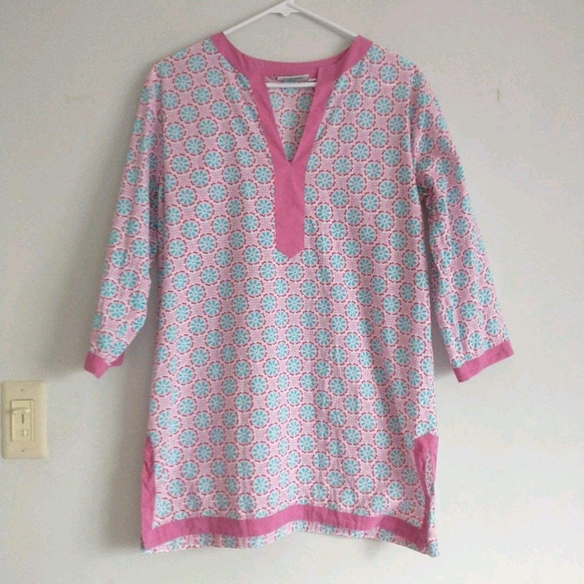 Malabar Bay Coverup Tunic Top Women M/L*Pink Floral Organic Cotton Resortwear